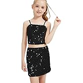 CharmWM Girls Sparkly Sequin Skirt Sets Sleeveless Tank Top Crop Dance Blouse with High Waisted Mini Skirts 3-14 Years