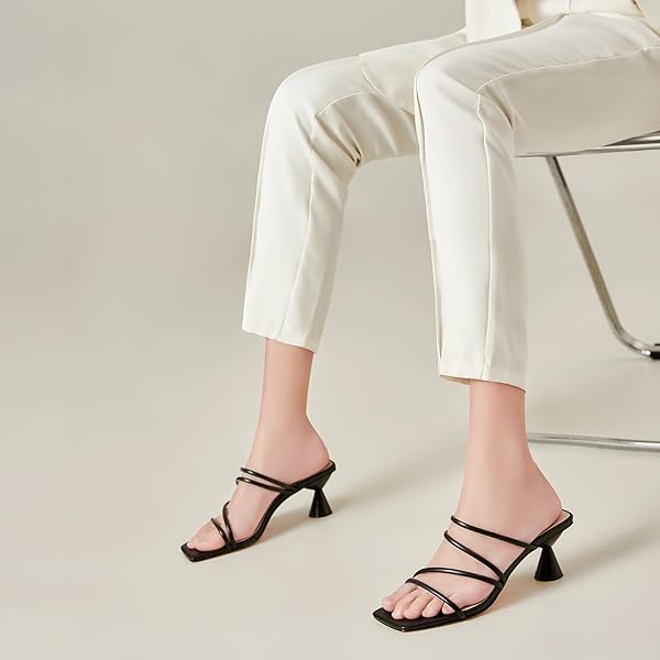 YYBYYB BLACK KITTEN HEELS FOR WOMEN SQUARE TOE STRAPPY HEELS DRESSY COMFORTABLE HEELED SLIP ON SANDALS BLACK DRESS SHOES-9