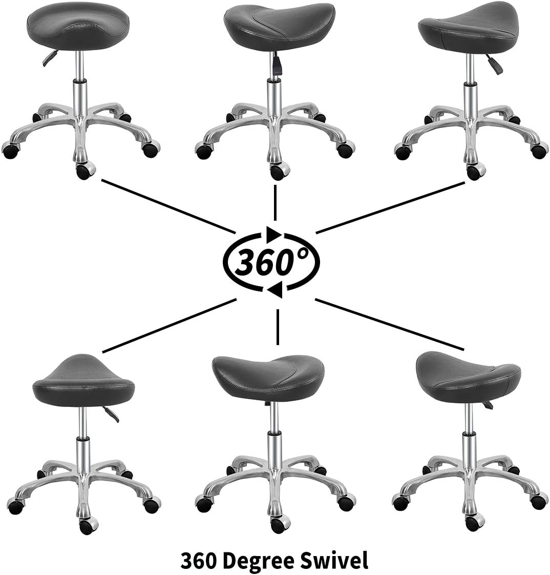 Leather Swivel Saddle Chair Stool,Ergonomic Adjustable Rolling Hydraulic Stool with Wheels for Massage Salon,Home,Office,Clinic,Studio,Lab (Black): Kitchen & Dining