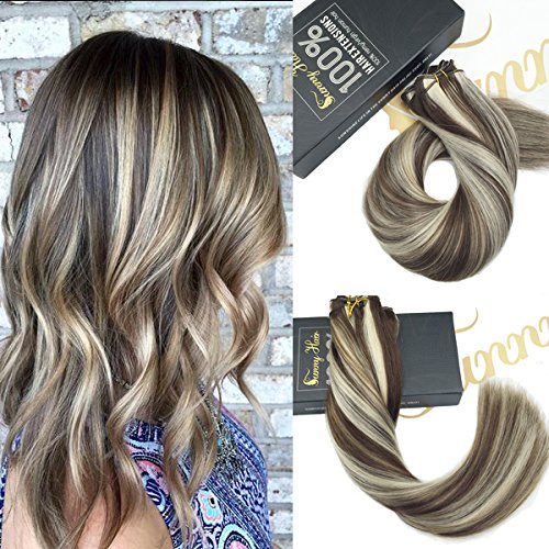 Sunny 7A Quality 100% Brazilian Remy Human Hair Weave Weft Ombre Hair Extensions Medium/Chocolate Brown Mix Bleach Blonde Sew in Hair 20inch One Bundle 100G Weight
