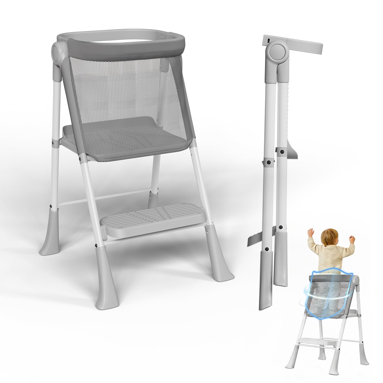 Photo 1 of ***POSSIBLY FOR PARTS & MISSING ASSEMBLY PIECES*** Toddler Tower Foldable,Foldable Toddler Kitchen Stool Helper with Safty Rail and Anti-Slip Device for Bathroom Sink or Kitchen Counter?Step Stool for Toddlers Ages 18 Months to 6 Years Gery