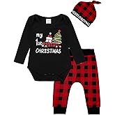 COSLAND Baby Boy Christmas Outfit Black Xmas Tree Car Red Plaid & Hat, Newborn-12 Months