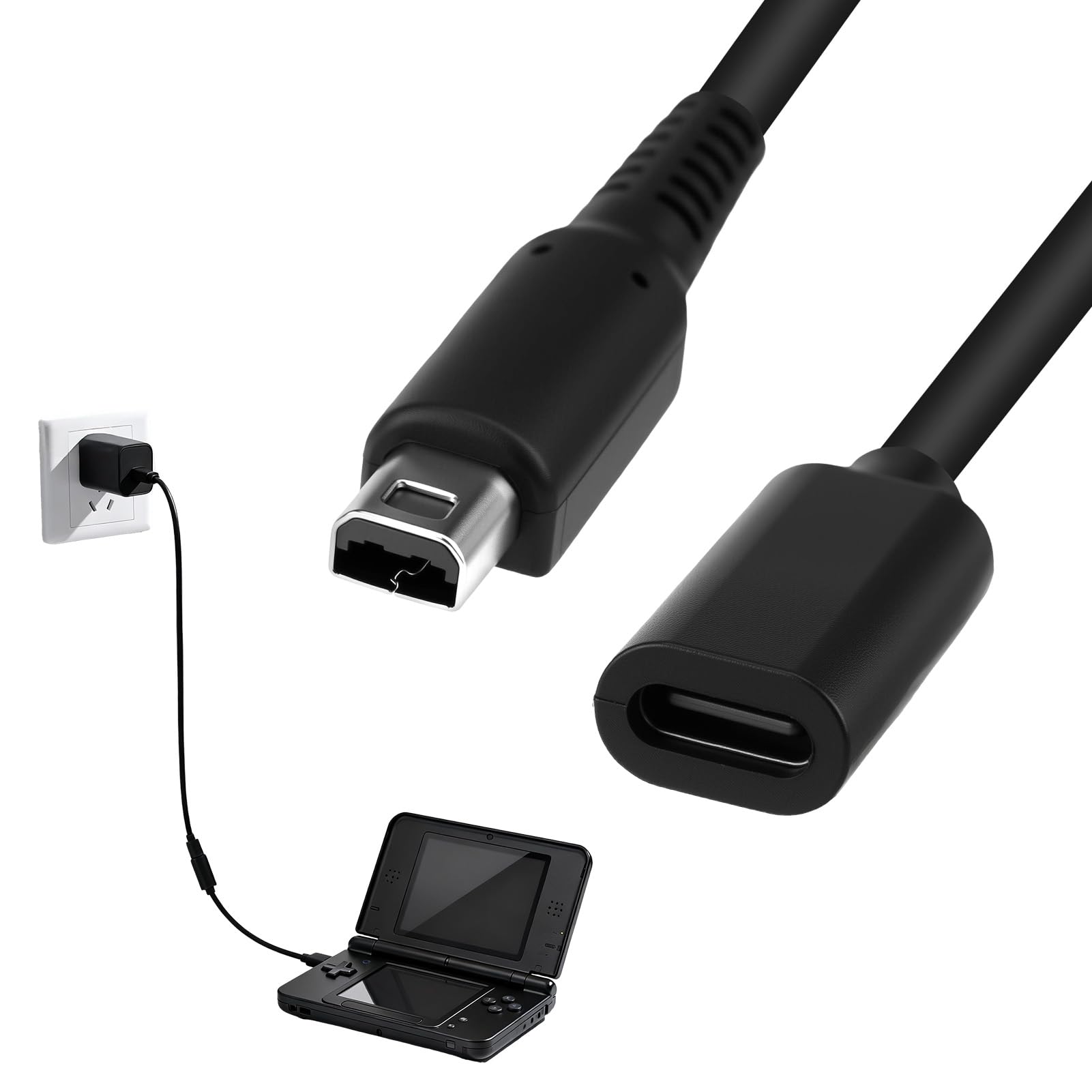TNJPSEK 3DS USB-C Charger Cable, 7" Type-C Female Power Charging Cable Compatible with 3DS 2DS DSi Series (Black, Not for DS/DS Lite)