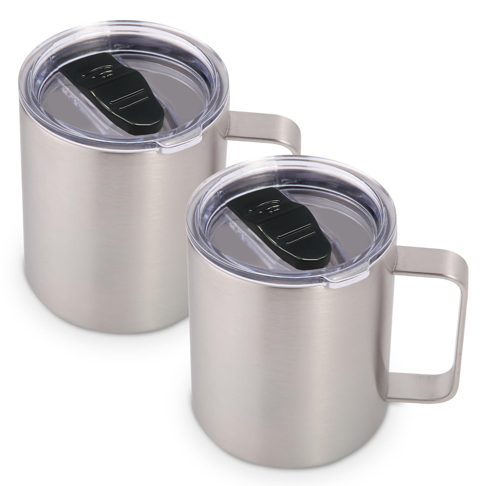 Volhoply 14oz Insulated Stainless Steel Coffee Mug with Lid Bulk 2 Pack,Double Wall Vacuum Travel Coffee Cup with Handle,Reusable Metal Tumbler,Camping Mugs Keep Hot,Christmas Gifts(Silver,2)