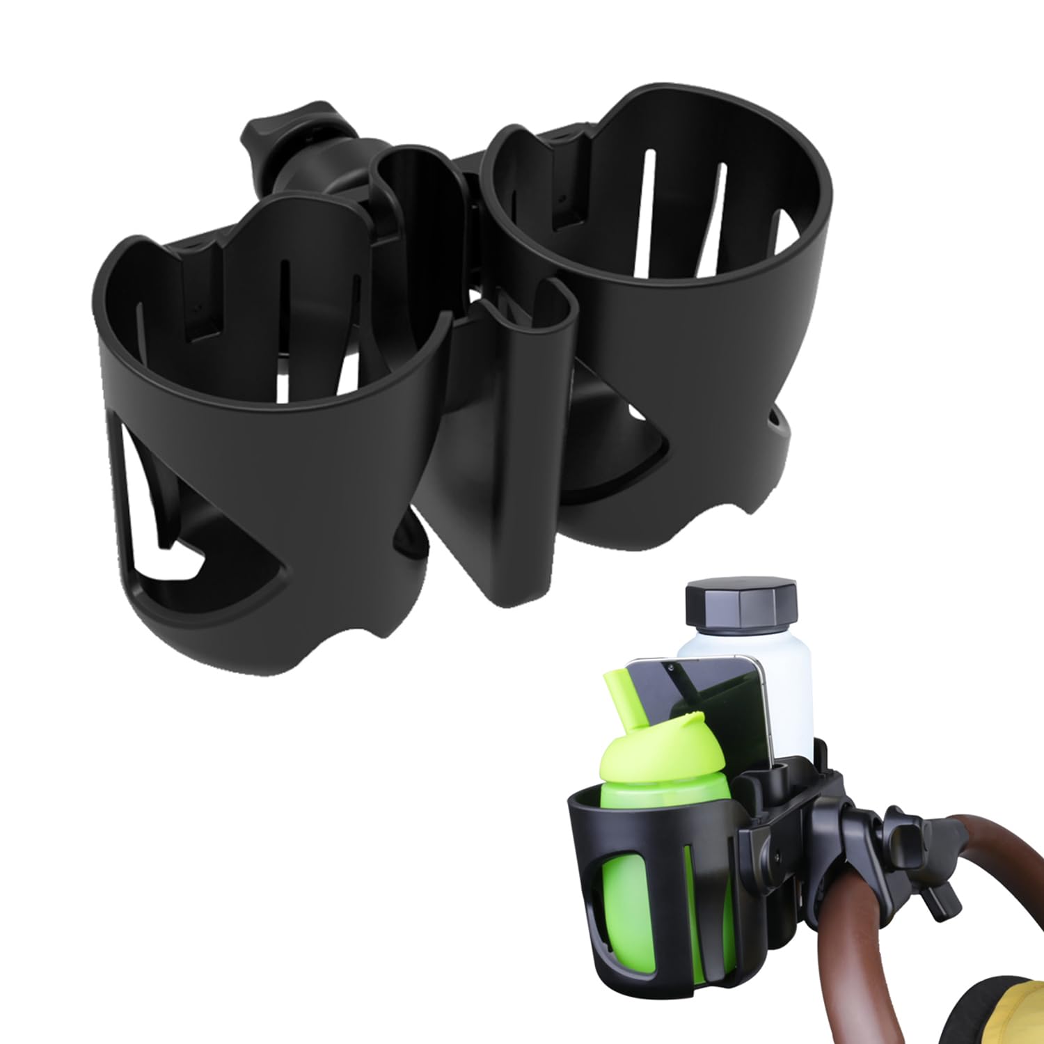 Stroller Cup Holder with Phone Holder, 3-in-1 Bottle Holder, 360 Degrees Rotation Drink Holder for Wheelchair, Stroller, Bike, Walker, Scooter, Bicycle, Uppababy, Nuna, Bugaboo, Doona.