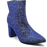 Women Rhinestone Block Chunky Heel Ankle Bootie Iceberg 12 By Forever shoes Royal Blue Size 6