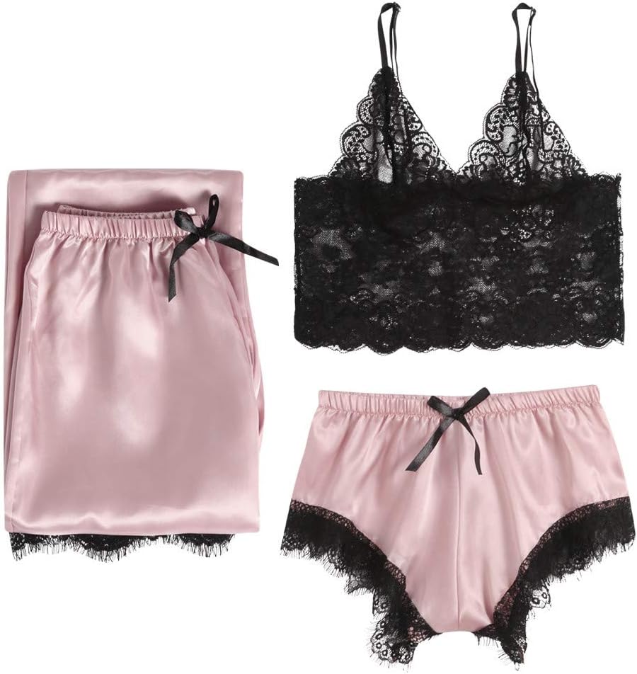3pc Women's Exotic Chemises Negligees, Camisole Shorts Set Sexy Cami Tops + Lace Bra + Satin Shorts Pajama Sets