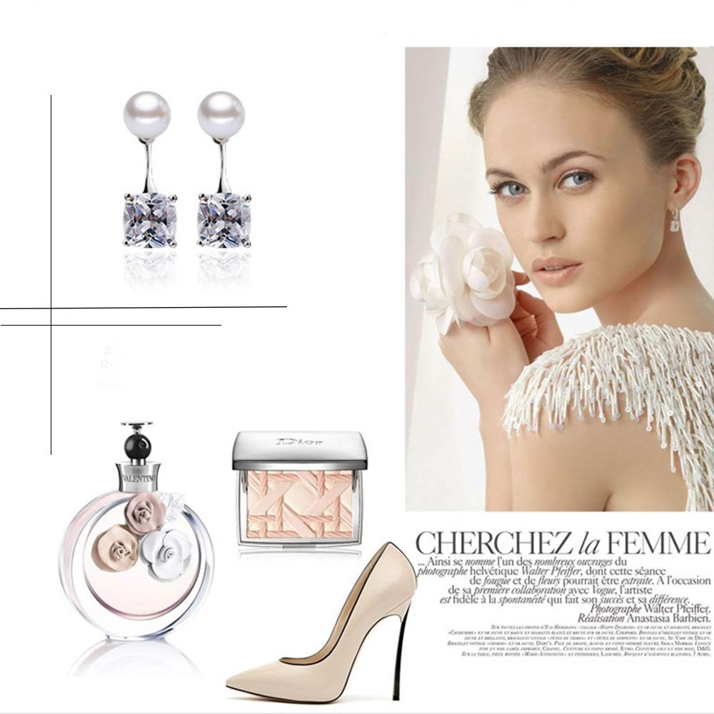 Tusuzik Pearl Stud Earrings 925 Sterling Silver Freshwater Cultured White Pearl Earrings with Cubic Zirconia for Women,Girls