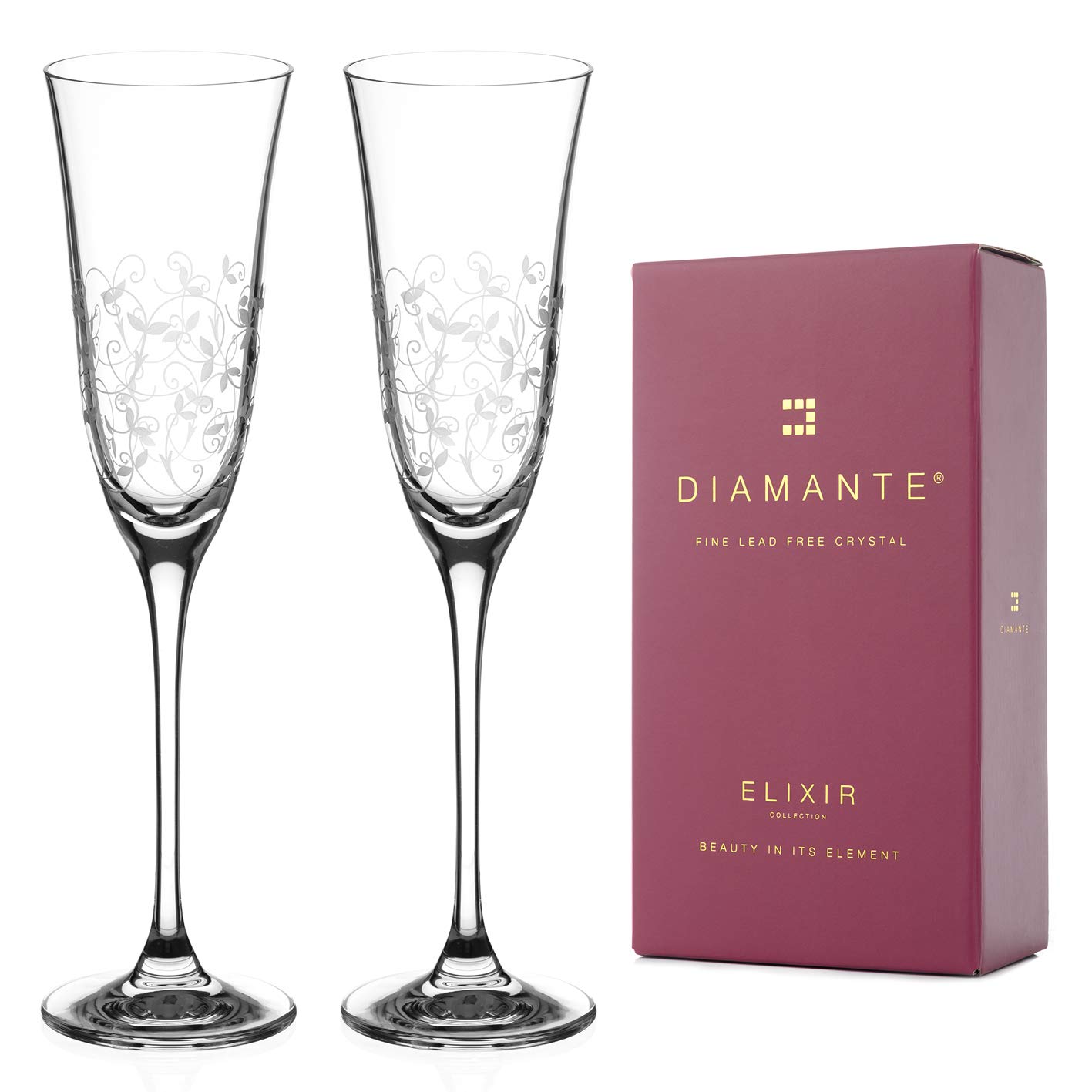 DIAMANTE Champagne Flutes Crystal Prosecco Glasses - ‘Floral’ Collection Hand Etched Glasses - Set of 2