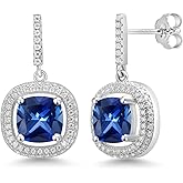 Gem Stone King 4-6 Cttw Gemstone Birthstone and White Moissanite Drop Dangle Earrings For Women | 8MM Cushion Cut | 925 Sterling Silver | Fine Jewelry Gifts for Her Mom Women Wife