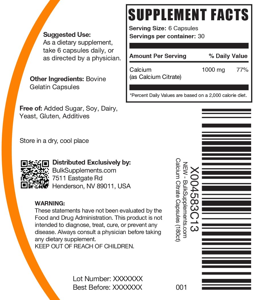 BulkSupplements.com Calcium Citrate Capsules - Calcium Citrate Supplement, with Calcium 1000mg per Serving - Soy Free, 6 Capsules per Serving, 180 Capsules (Pack of 1)