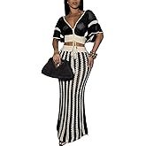 REASERAL Womens Knit 2 Piece Outfits Short Sleeve Hollow Out Top Striped Maxi Skirt Summer Vacation Sets