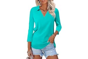 TICTICMISS Women's 3/4 Sleeve Tops Collar V Neck T Shirts Dressy Casual Summer Tops Blouses