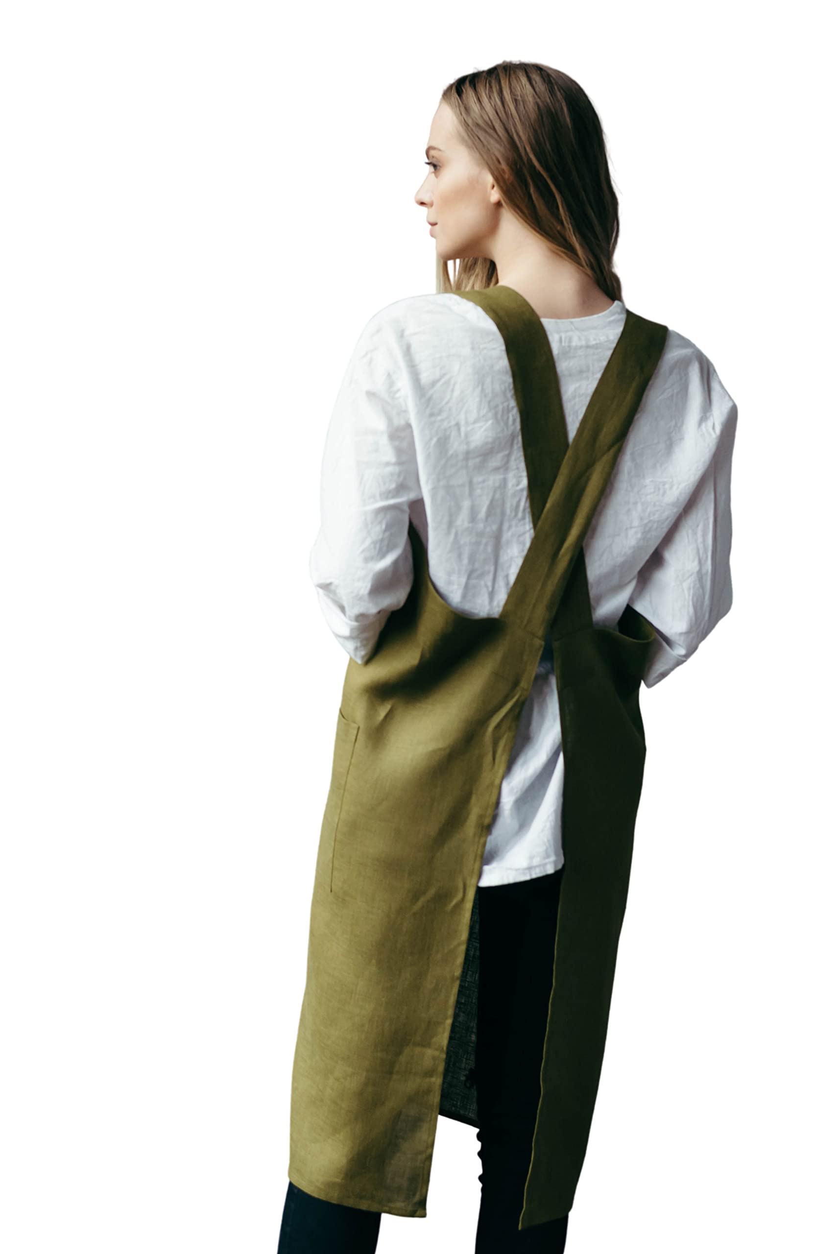 Bunny Street The Prancing Hare 100% Linen Pinafore - No Ties Japanese Apron with Pockets - Cross-back Smock for Artist, Baker, Florist (Khaki)