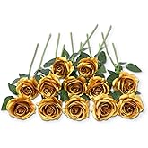 12 PCS Artificial Flowers Gold Roses Fake Silk Flower Long Stem Artificial Roses for Home Wendding Bathroom Party Decorations (Gold)