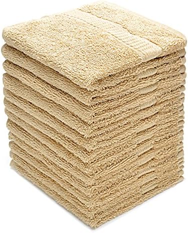 Alurri Washcloth Towel Set, 12-Pack, Extra Soft Cotton Fingertip Towels, Highly Absorbent, Machine Washable, 13" x 13" Mini Multi-purpose, Ideal for Gym, Spa, Face Cleansing, House cleaning. (Beige)