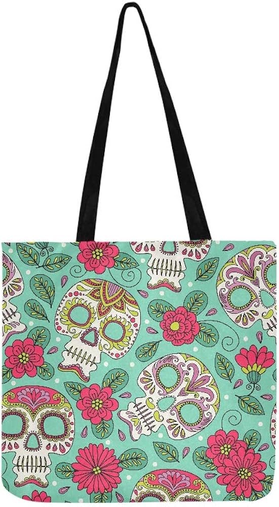 Mexican Day Of The Dead Sugar Skull And Flowers Canvas Tote Handbag Shoulder Bag Crossbody Bags Purses For Men And Women Shopping Tote