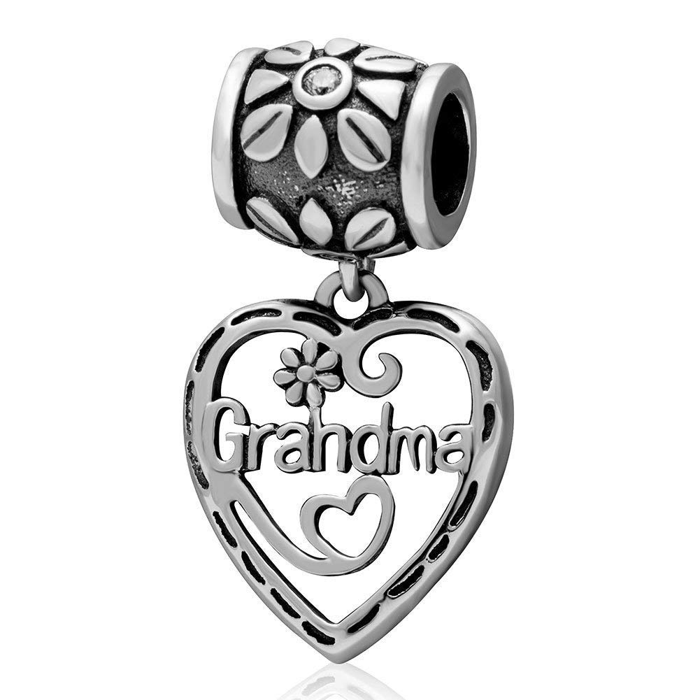 925 Sterling Silver Grandma Charm Family Charm My Love Charm Heart Charm Flower Charm for Pandora Charm Bracelet (B)