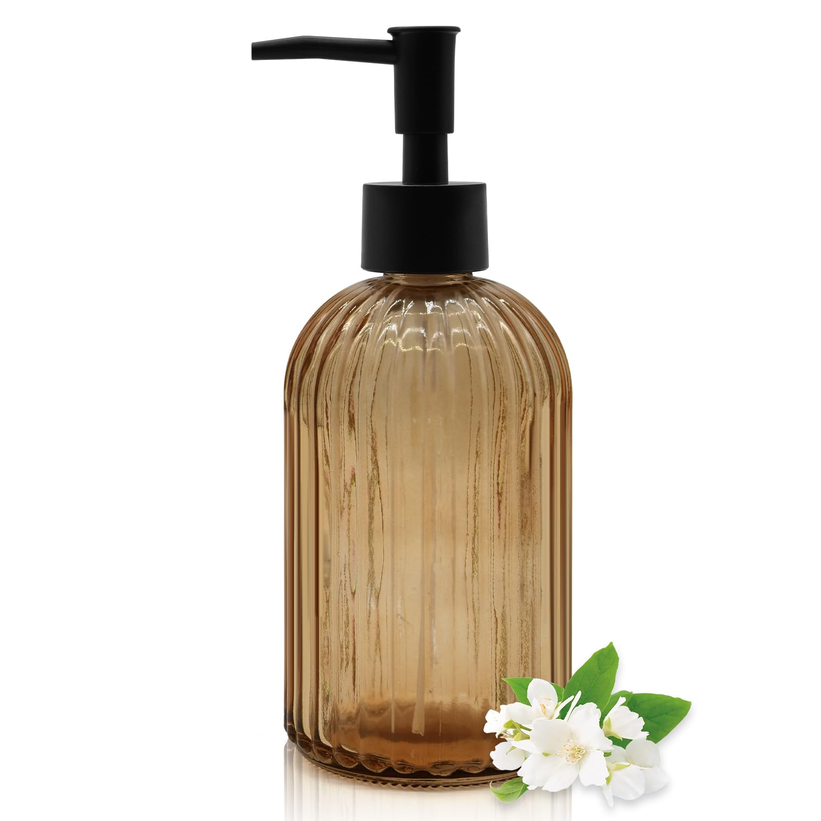 Photo 1 of 14oz Amber Glass Soap Dispenser with Black Pump – Refillable for Hand Soap, Dish Soap, Lotion, Suited for Kitchen, Bathroom & Laundry Room (Brown)