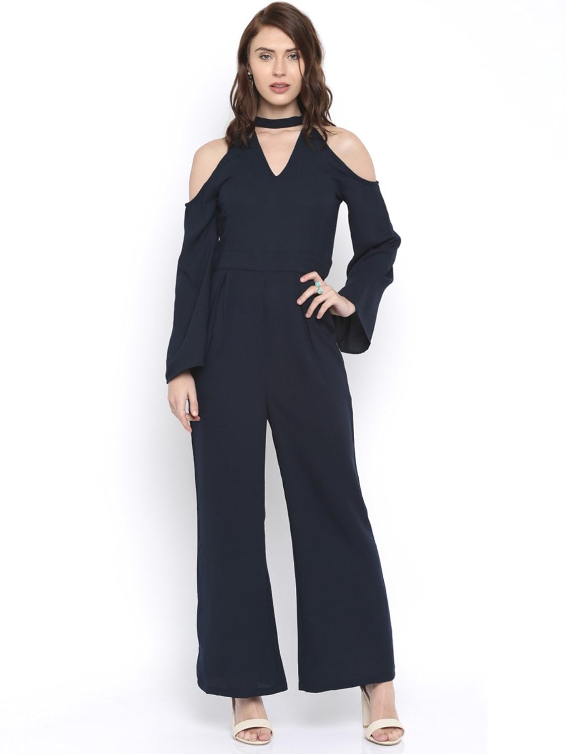 rare navy blue cold-shoulder jumpsuit