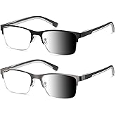 PUBOWT Reading Glasses Men Photochromic Lens Blue Light Readers Wide Metal Half Frame Style Sun Tinted Eyewear PT2002