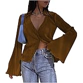 LYANER Women's Deep V Neck Button Front Bell Long Sleeve Blouse Shirt Top