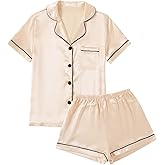 LYANER Women's Satin Pajamas Set Short Sleeve Button Shirt Silky Sleepwear with Shorts Set PJ
