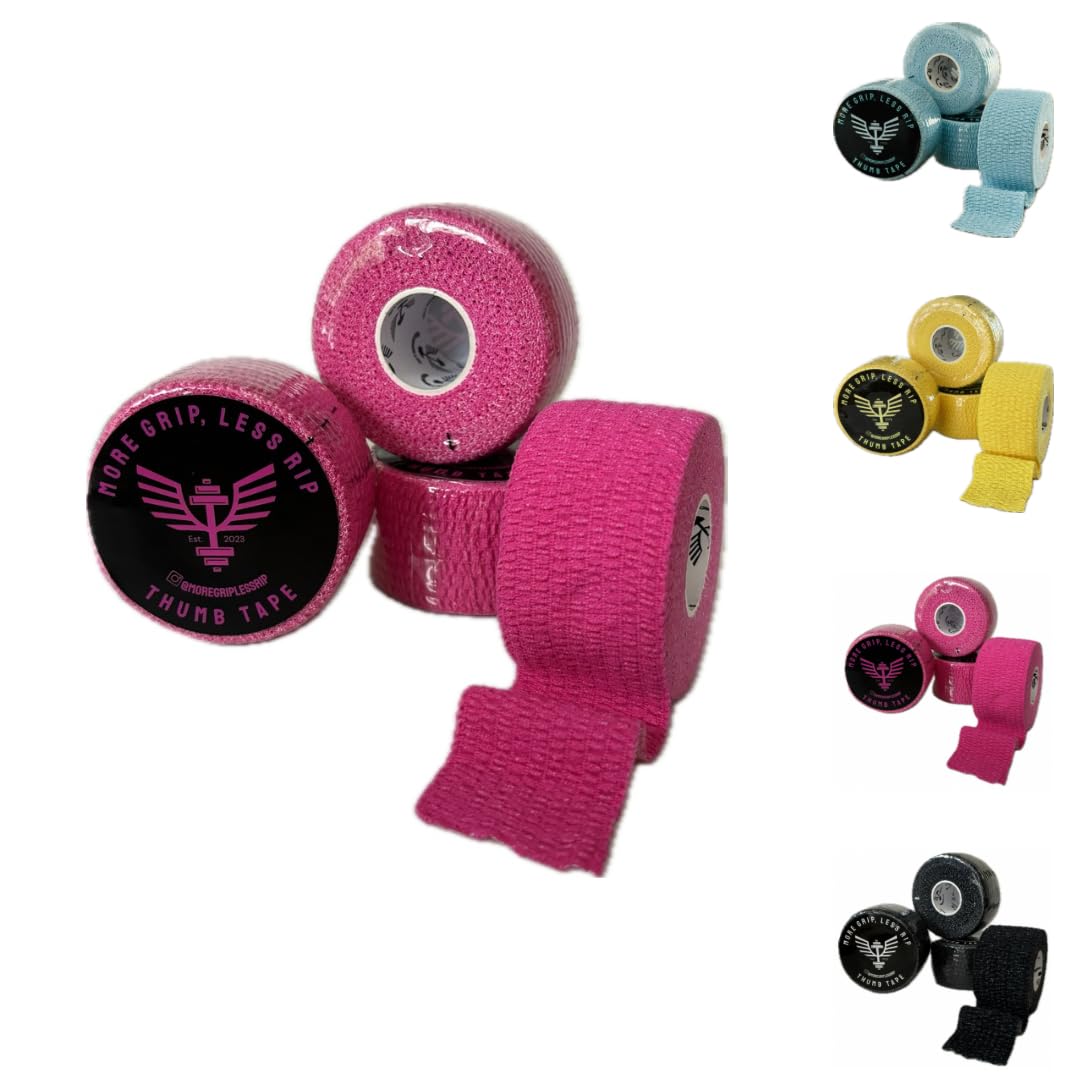 More Grip, Less Rip Thumb Tape, 6.9m, 4 Rolls, for Crossfit Weightlifting Hook Grip Tape Gymnastics, Reduced Rollup, Super Stretchy, Hand Tearable, Latex Free, Hypoallergenic, Hot Pink
