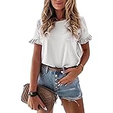 PRETTYGARDEN Women's Short Sleeve Casual T Shirts Summer Ruffle Plain Round Neck Loose Fit Tee Blouse Tops