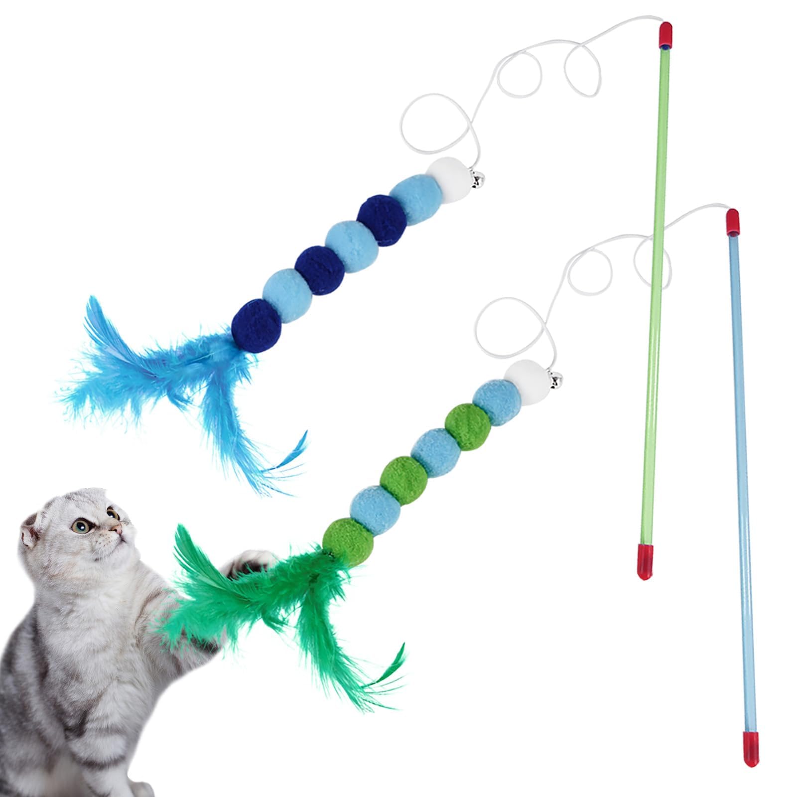 2Pcs Cat Feather Toys,Cats Wand Toys with Bell and Plush Balls,Colourful Interactive Kitten Teaser Pet Toy Wire Chaser Wand Teaser Feather for Cat Indoor Playing Exercising Interactive Training