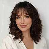 BEAUTIFA Dark Brown Wig with Bangs for Women 14 Inch Shoulder Length Short Bob Wavy Curly Wig Brown Wig Heat Resistant Synthetic Wigs