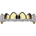 TOPGRILLZ 14K Gold Plated Iced Out CZ Top and Bottom Vampire Fangs Werewolf Grillz for Your Teeth Hip Hop Halloween Accessory