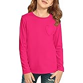 Haloumoning Girls Long Sleeve Heart Pocket T-Shirts Kids Cute Fall Tops Crewneck Basic Tees 5-14 Years