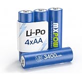 MXPOW 4 x Rechargeable AA Lithium Batteries, 1.5V 3400mWh | 1500 cycles, For remote controls, smart locks, smoke alarms, wall clocks, flashlights, wireless mice, keyboards, toys