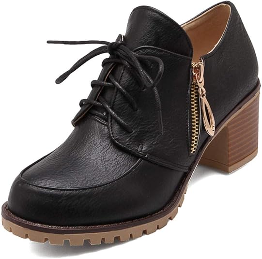 Womens Chunky High Heel Oxford Shoes SideZip LaceUp SquareToe Non