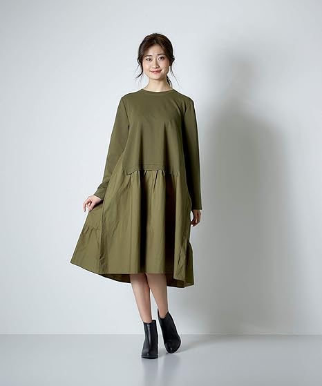 Amazon 神戸レタス Kobe Lettuce 異素材バックティアードワンピース レディース E1967 ワンサイズ M カーキ ワンピース チュニック 通販
