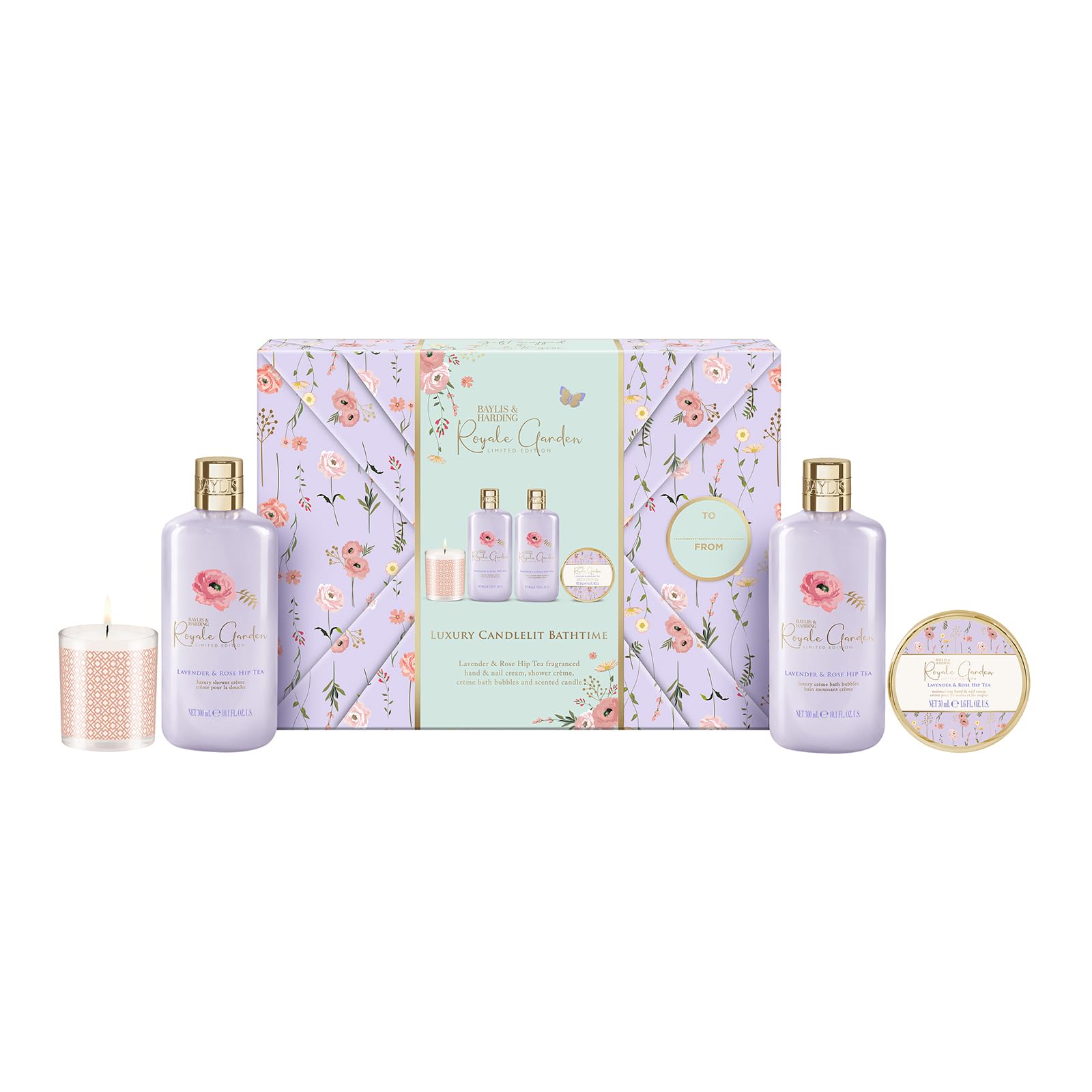 Baylis & Harding Royale Garden Lavender & Rose Hip Tea Fragrance Gift Wrapped Candlelit Gift Set - Vegan Friendly