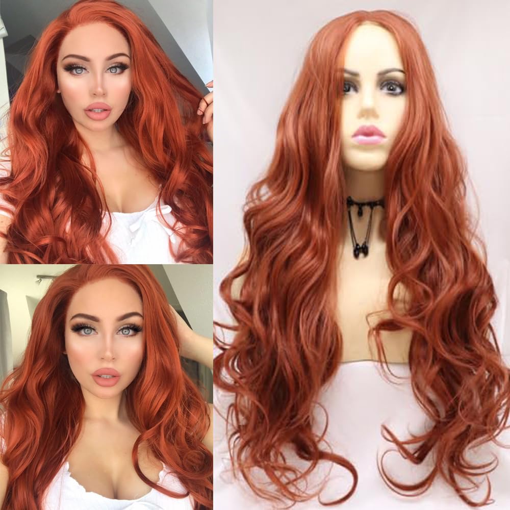 Xiweiya Wigs Long Natural Wavy Wig Auburn Color Synthetic Lace Front Wig Middle Parting Copper Red Lace Wig Glueless Heat Resistant Fiber for Women Cosplay Makeup 24 Inches
