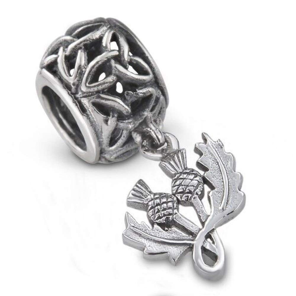 Hamilton & Young Outlander Inspired 925 Sterling Silver Precious Metal Traditional Scottish Highland Interlace Design Thistle Bracelet Bead Charm With Celtic Trinity Knot