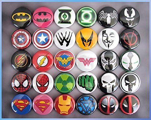 30 Superhero Pins. 1" Mini Buttons. Pinback Birthday Party Favors. Superman, Spiderman, The Flash, Captain America, Batman, Wonder Woman, Deadpool, &amp; More! (b031)