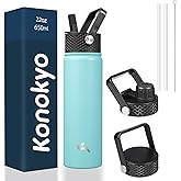 Konokyo 22oz Stainless Steel Bottles with 3 Lids Sport Insulated Water Bottle,Turquoise