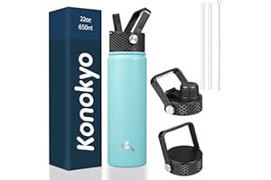 Konokyo Insulated Water Bottle with Straw,22oz 3 Lids Metal Bottles Stainless Steel Water Flask,Turquoise