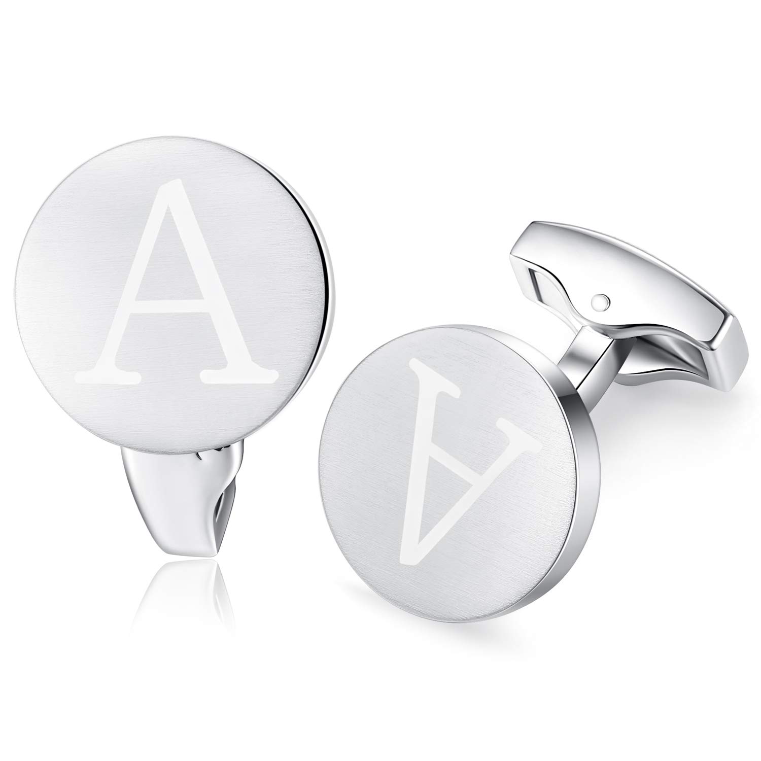 HONEY BEAR Initial Alphabet Letter Cufflinks for Men, Brushed Silver Round Shape Wedding Business Gifts, A - Z (A)