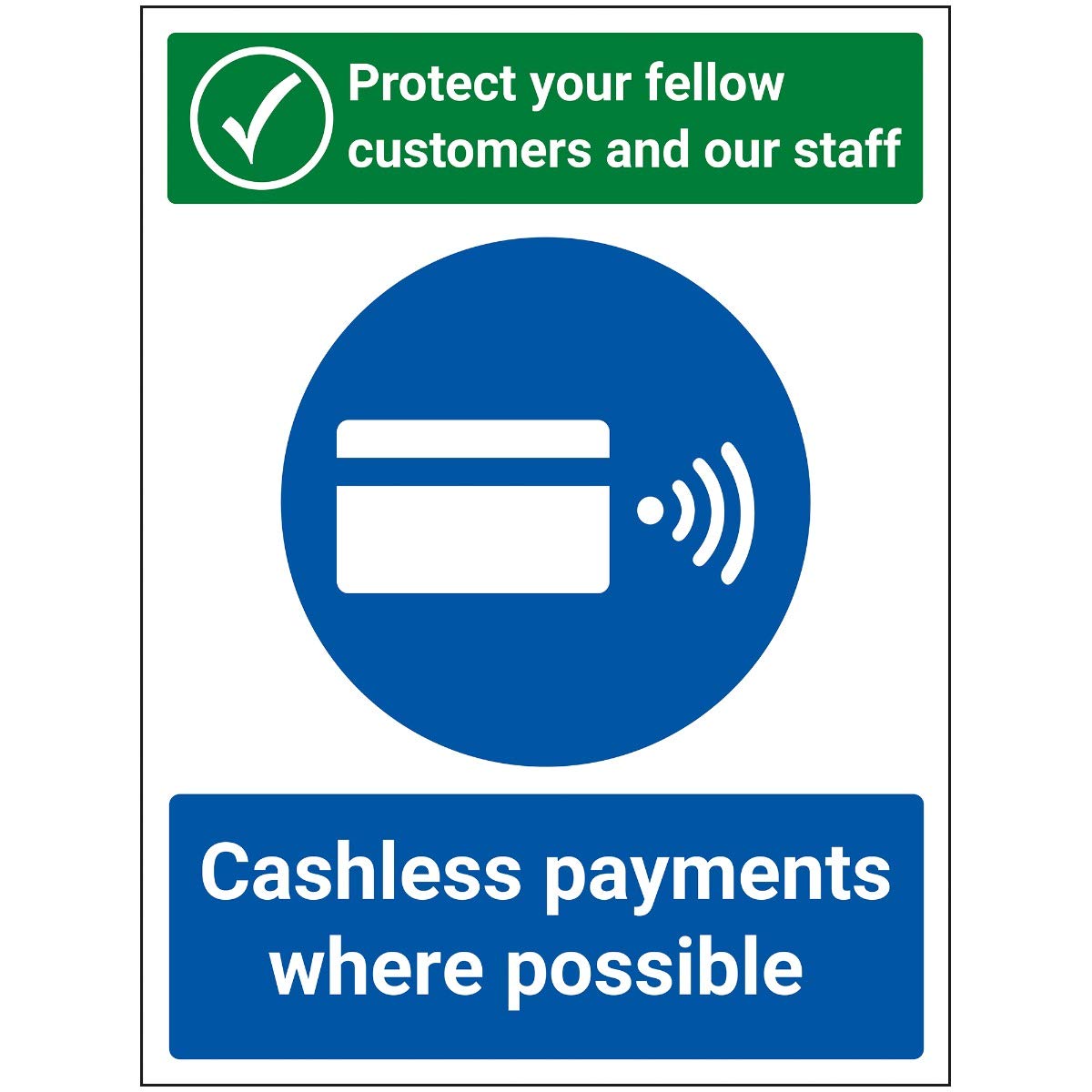 V Safety Protect Staff And Customers - Cashless Payment Sign - 200mm x 300mm - Self Adhesive Vinyl