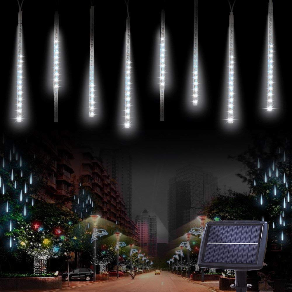KEEDA Solar Meteor Shower Lights, 30cm 10 Tubes 360LED Raindrop Lights Waterproof Decorative Icicle String Lights for Outdoor Garden Party Wedding Christmas Tree Decoration (White)