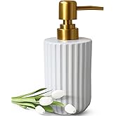 UNBONSOUHAIT Soap Dispenser for Bathroom,12 Oz Liquid Soap Dispenser for Kitchen,Ceramic Hand Soap Dispenser with Plastic Pump,Simple Style Soap Dispenser (Gold and White Cylindrical Soap Dispenser)