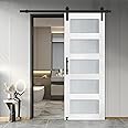 S&Z TOPHAND® 32 in x 80 in Glass Sliding MDF Barn Door with 6.6FT Sliding Door Hardware Kit, 5 Tempered Frosted Glass, Slab Inside Covered with Water-Proof PVC Surface, Simple DIY Assembly