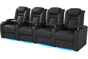 SOOTHROOM Top Grain Leather Home Theater Seating Power Headrest & Memory Function, 7-Color Ambient Lighting, USB/Type-C Charging, Easy Assembly Electric Recliner Chair (Row of 4)