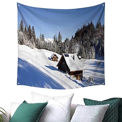 Amazon Com Homehot Winter Tapestry For Bedroom Log Cabins In The