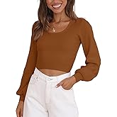 EVALESS Long Lantern Sleeve Sweaters for Women Trendy Scoop Neck Rib Knit Crop Tops Fall 2024 Lightweight Pullover Sweater